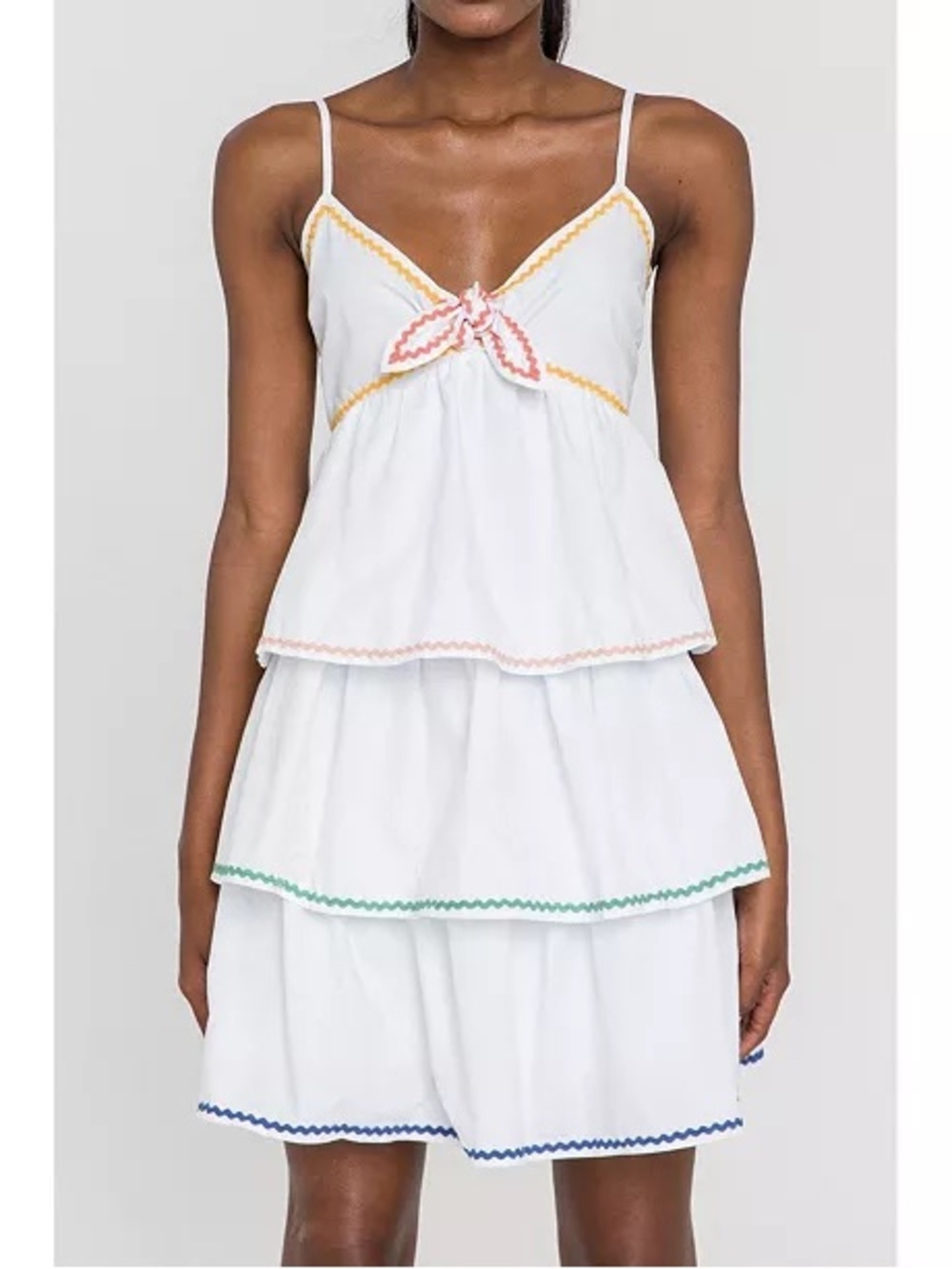 ENGLISH FACTORY White Cotton Ruffled Tiered Mini Dress Tie Adjustable Straps